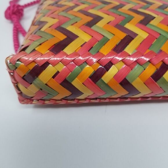 Colored Woven Rattan Handbag with Satin Cord Handle. - Picture 5 of 11